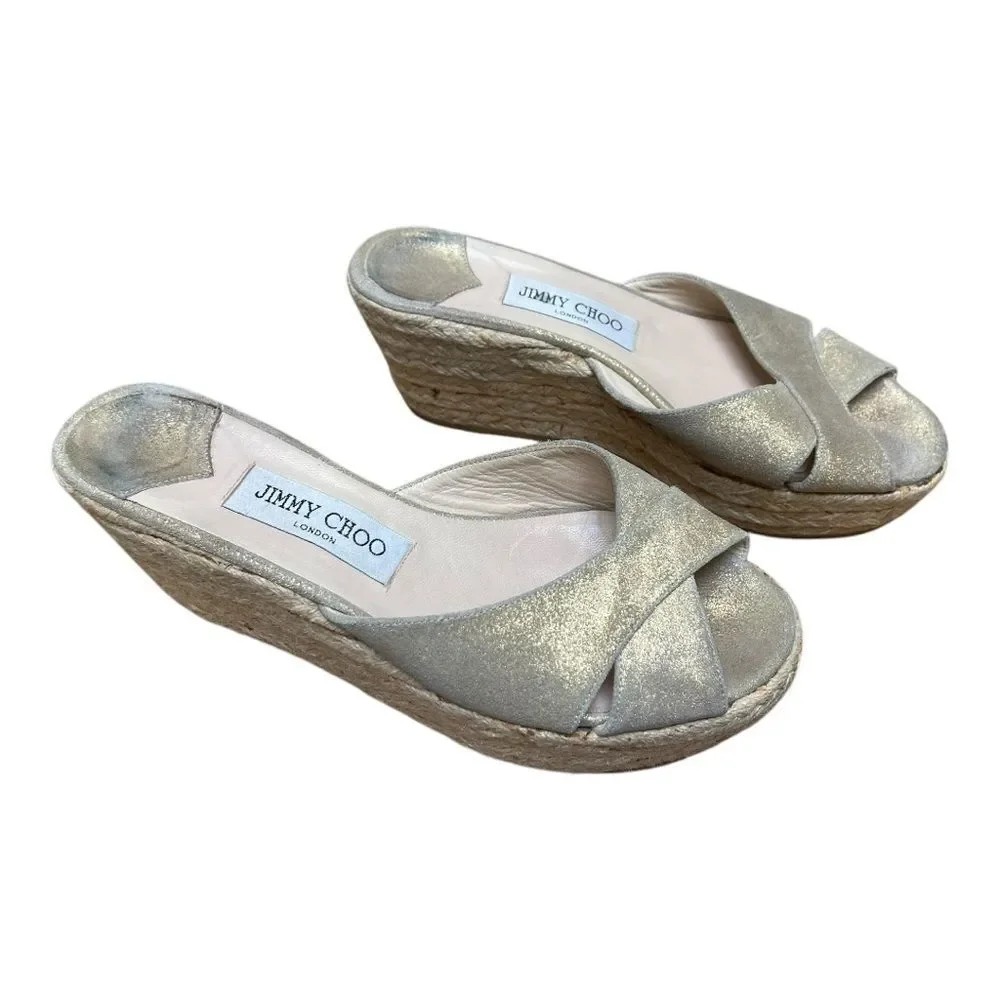 Jimmy Choo Gold Shimmer Espadrille Wedge Sandals Crisscross Women’s Size 39 8.5